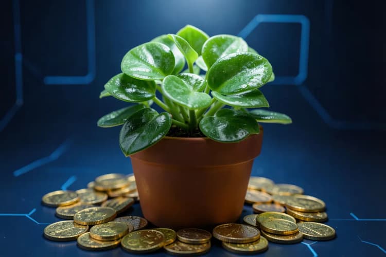 Uma planta de dinheiro crescendo em um vaso, com moedas de ouro caindo ao redor.