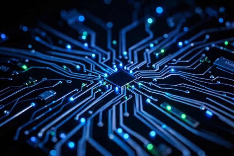 Um circuito eletrônico estilizado com luzes de LED piscando em tons de azul e verde.