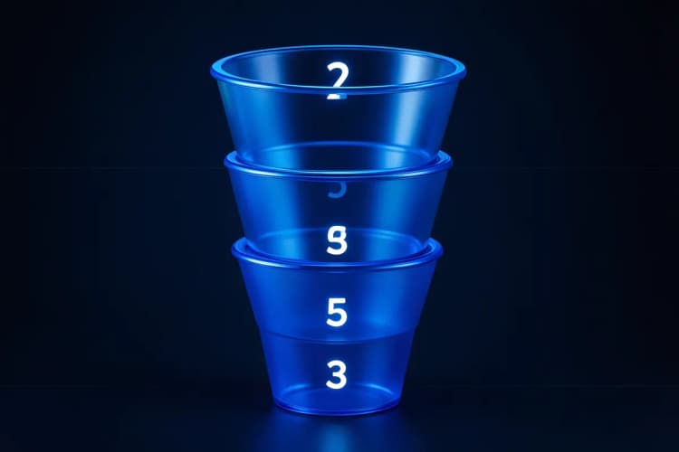 Uma representação visual de um funil de vendas com etapas numeradas, de cima para baixo.