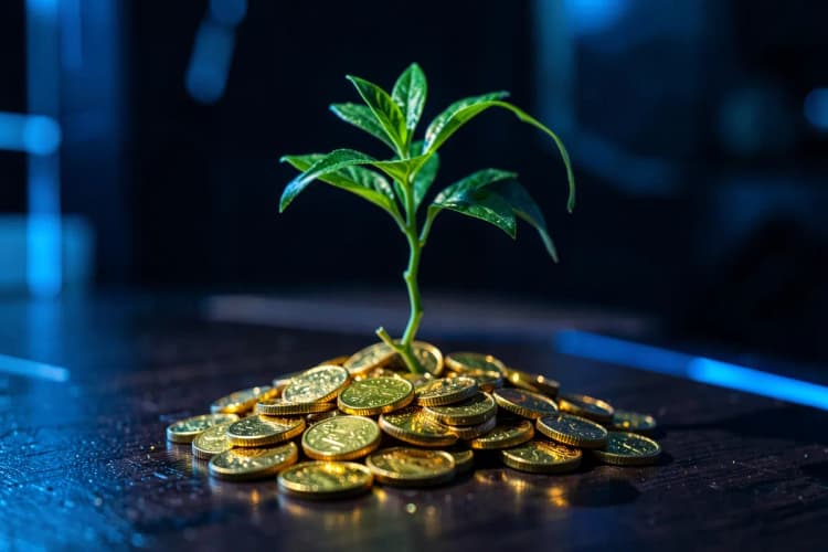 Uma planta crescendo em uma pilha de moedas de ouro, simbolizando o aumento das vendas.