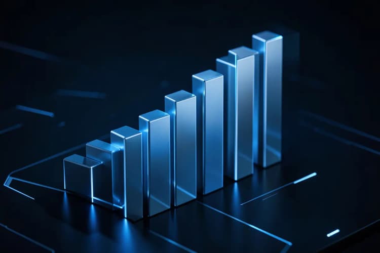 Gráfico de barras ascendente mostrando crescimento de receita ao longo do tempo.