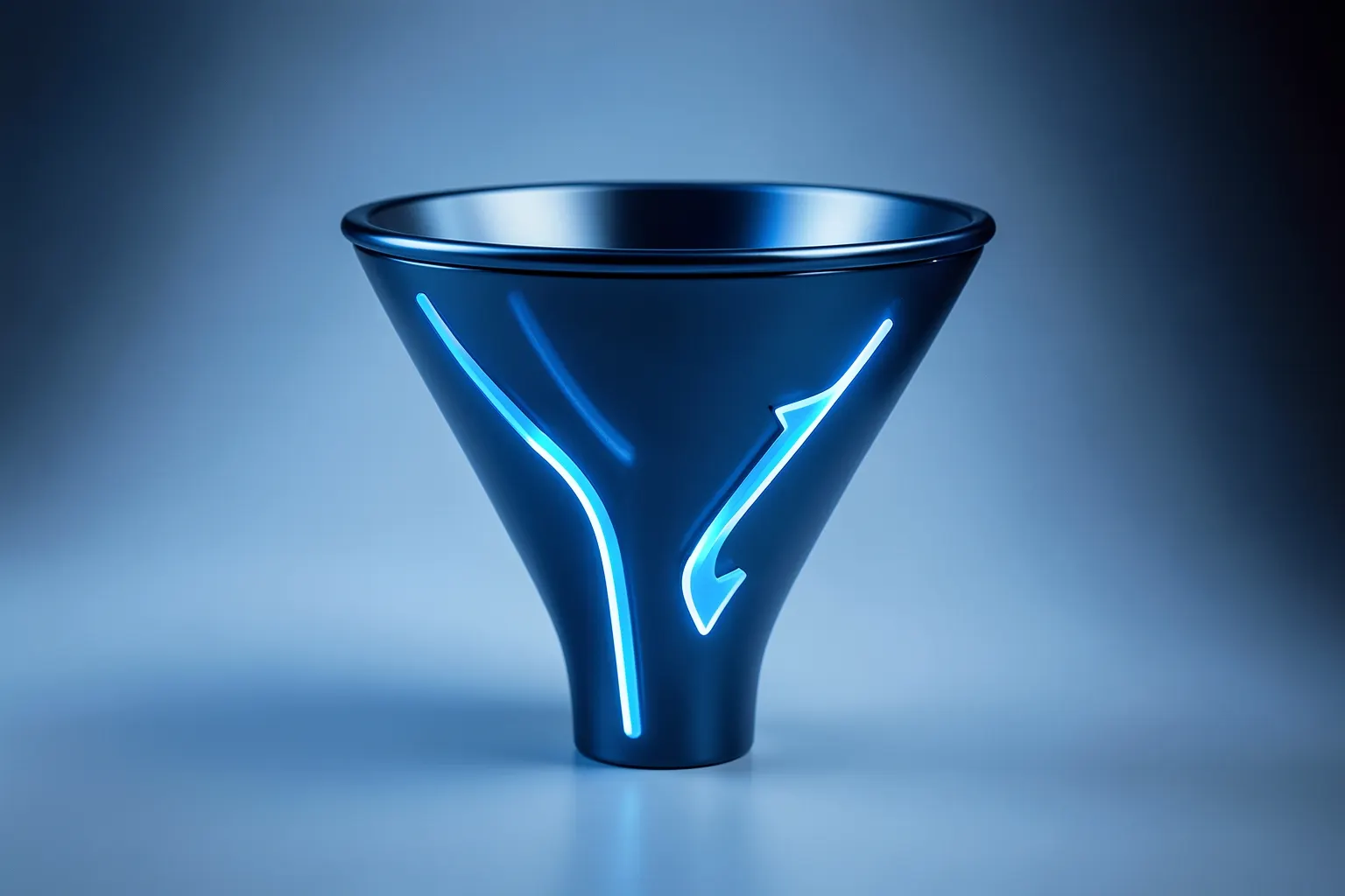 Um funil de vendas estilizado com setas indicando o fluxo, sobre um fundo azul claro.